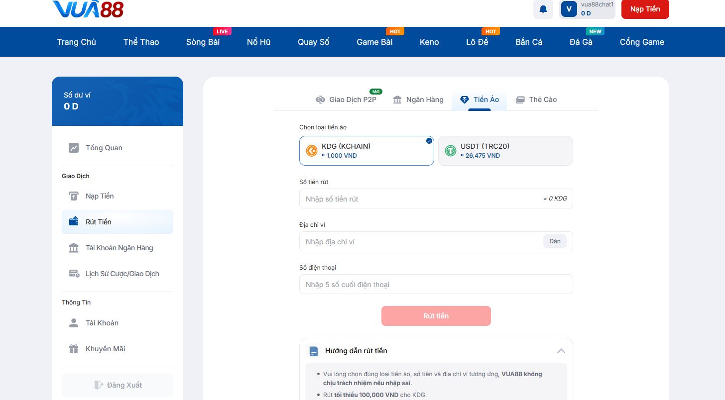 Hướng dẫn rút tiền tại nhà cái Vua88