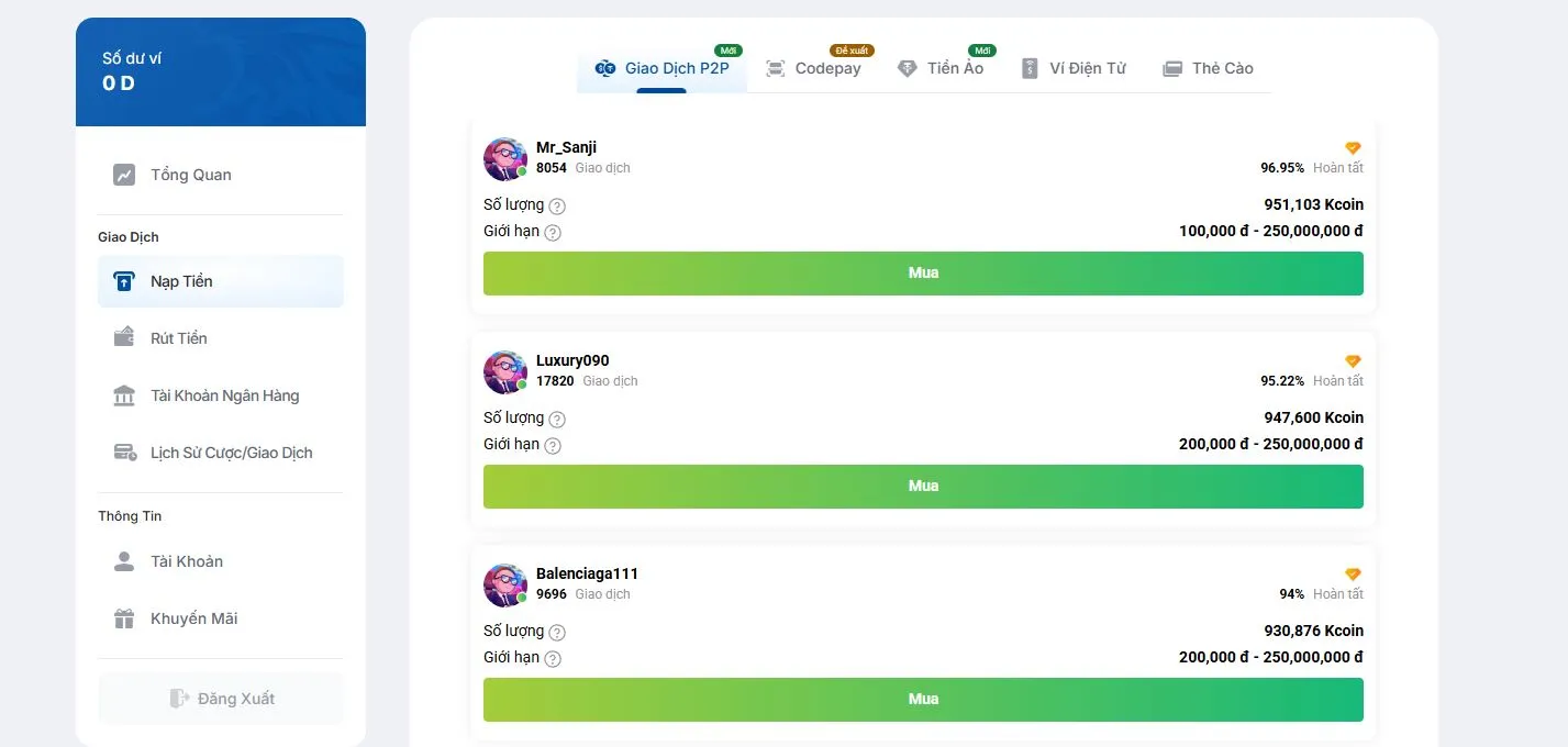Hình thức nạp tiền phổ biến tại Vua88