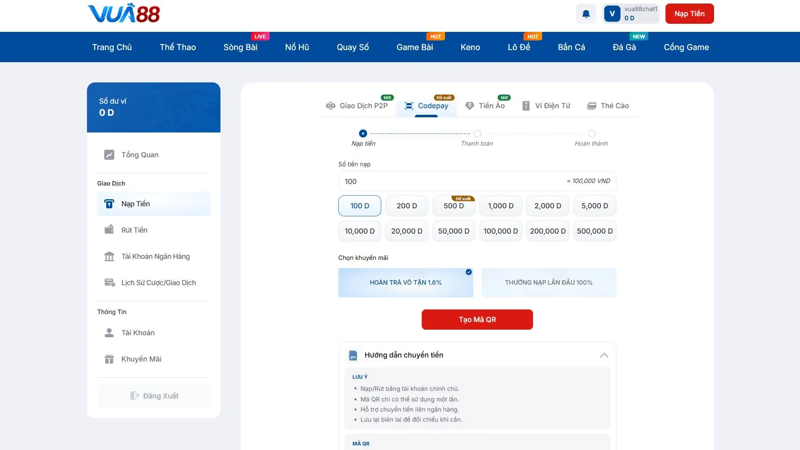 Giao dịch nạp tiền tại Vua88