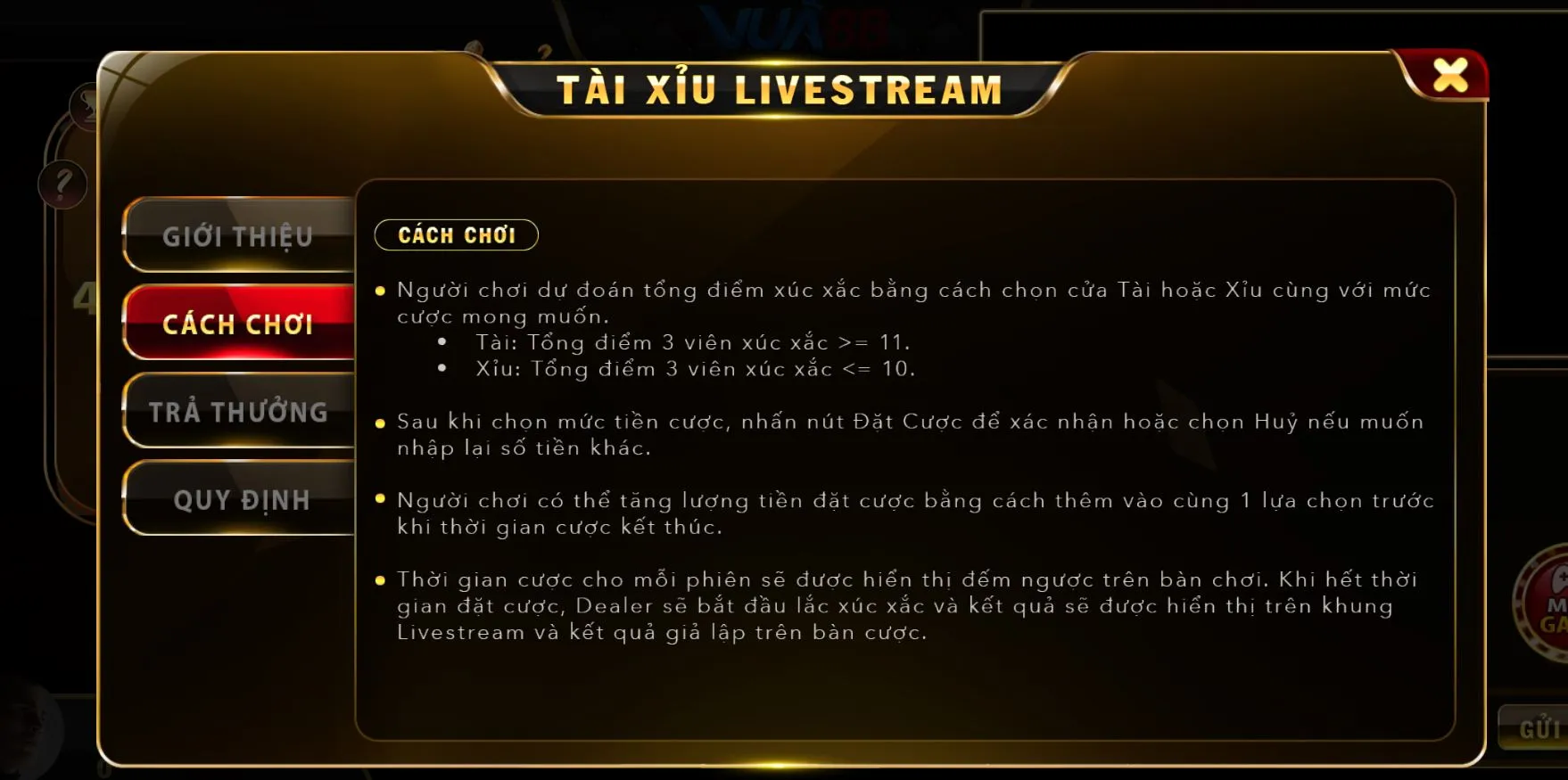 Các cửa cược trong tài xỉu live