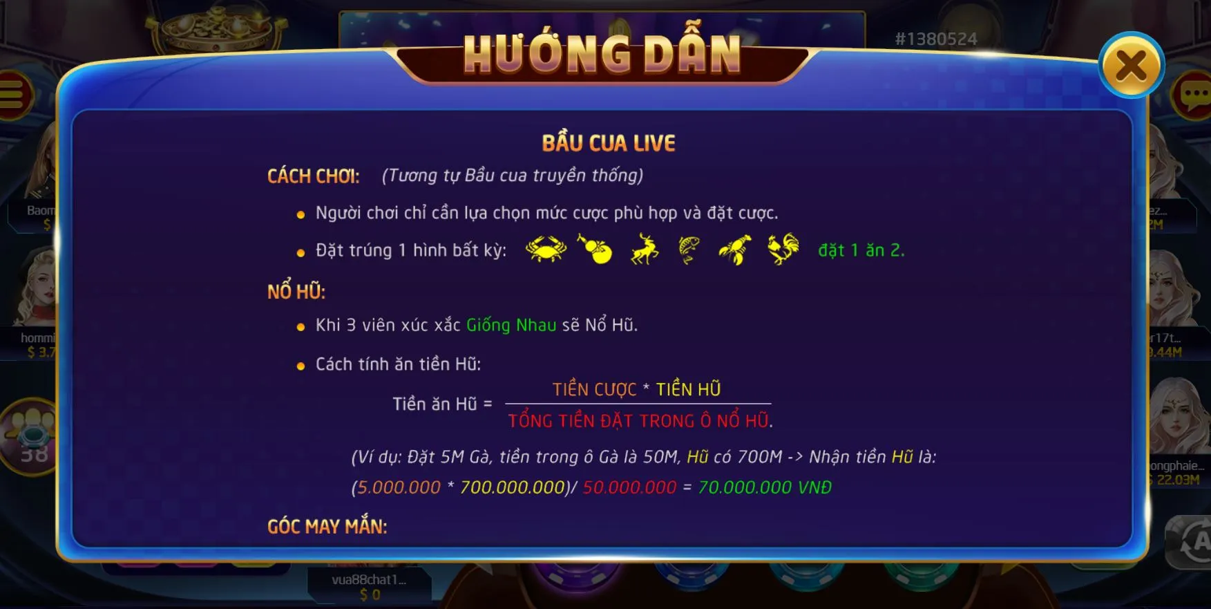 Mức cược trong game bầu cua
