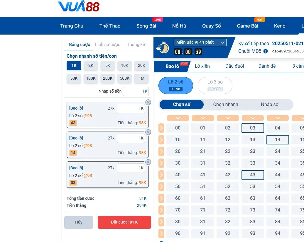 Giao diện trò chơi tại Vua 88